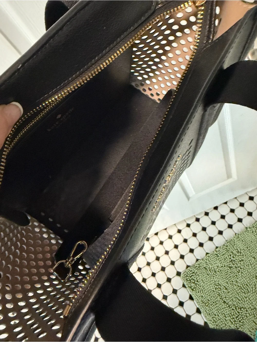 kate spade Black Perforated Leather Tote with Webbed Handles